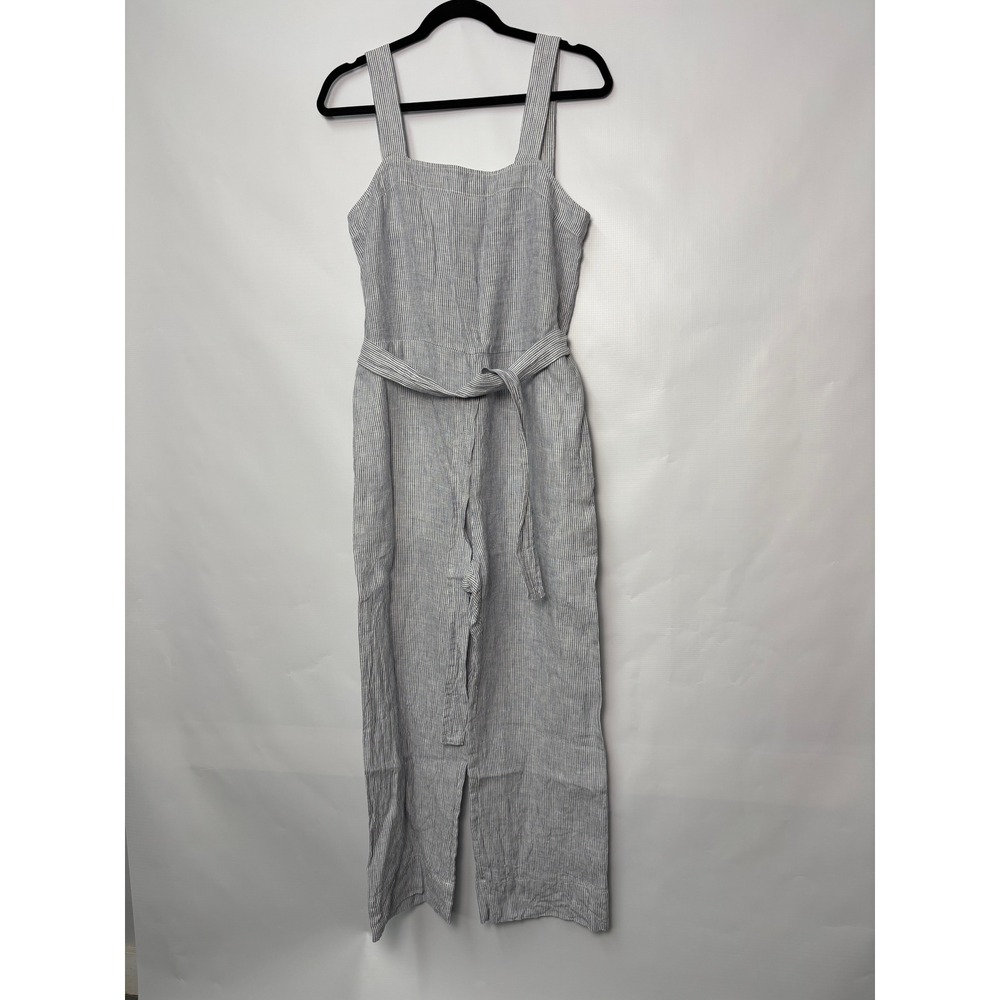 Quince European Linen Square Neck Jumpsuit Blue Pinstripe Small CB001 Minimalist